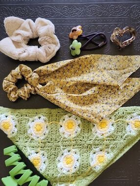 Yellow Floral Scarf Scrunchie and Daisy Bandana Hair Set